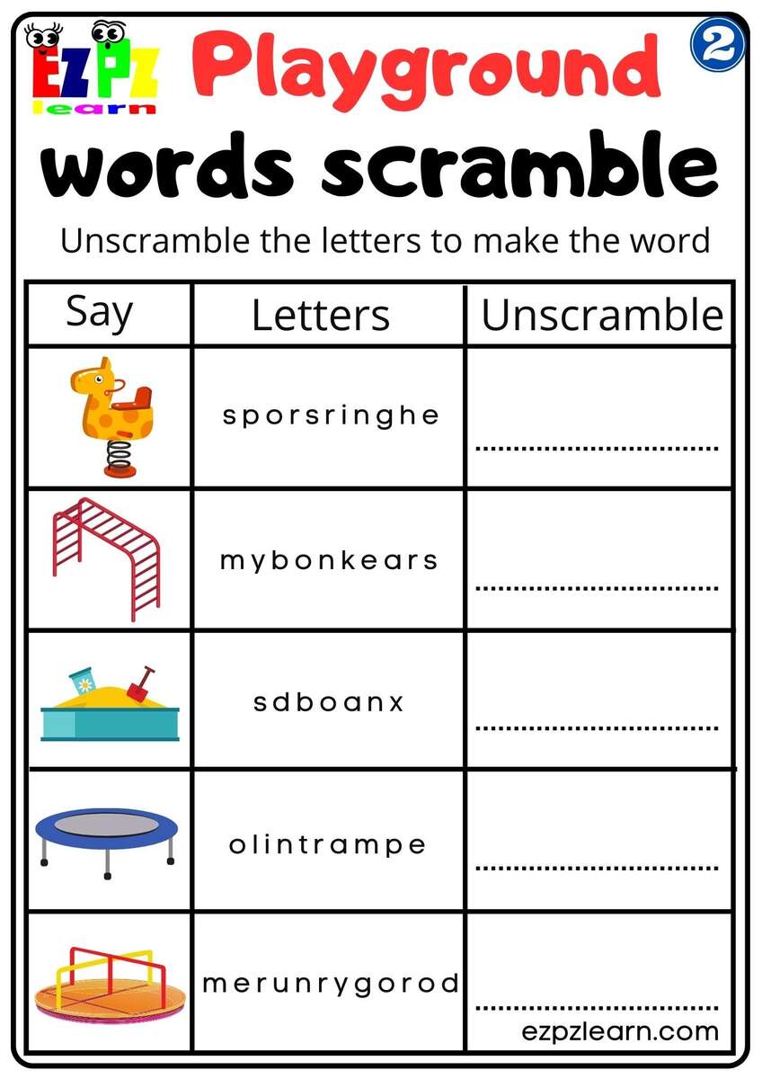 Playground Vocabulary 2 Word Scramble Worksheet For Kindergarten And ESL Students Free Download Ezpzlearn