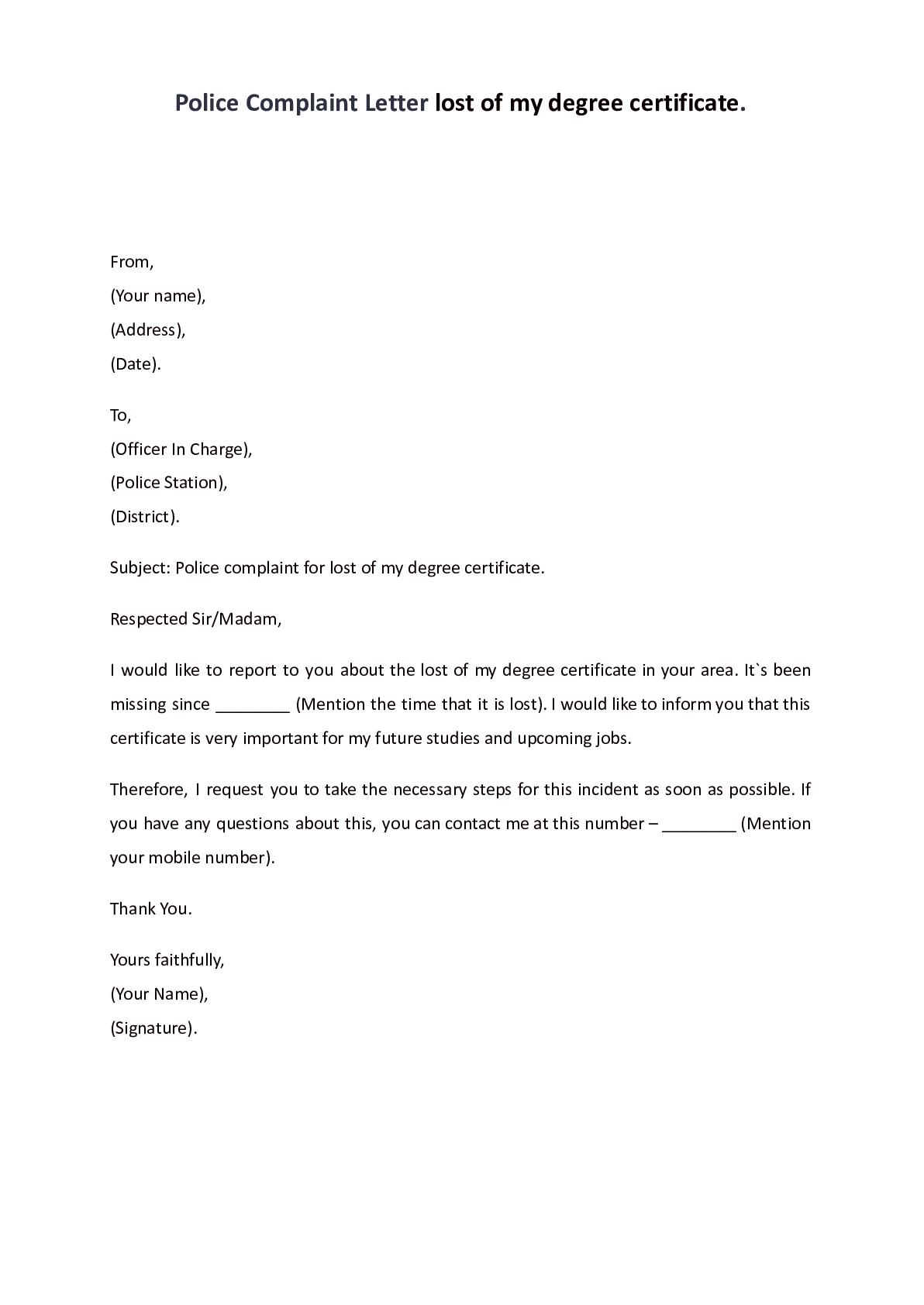 Police Complaint Letter For Lost Degree Certificate