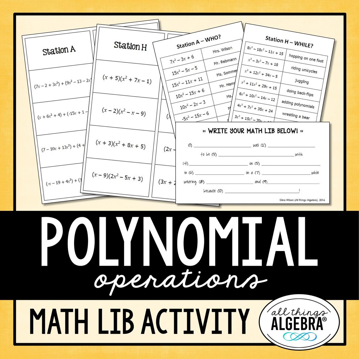 Polynomial Operations Math Lib Activity All Things Algebra