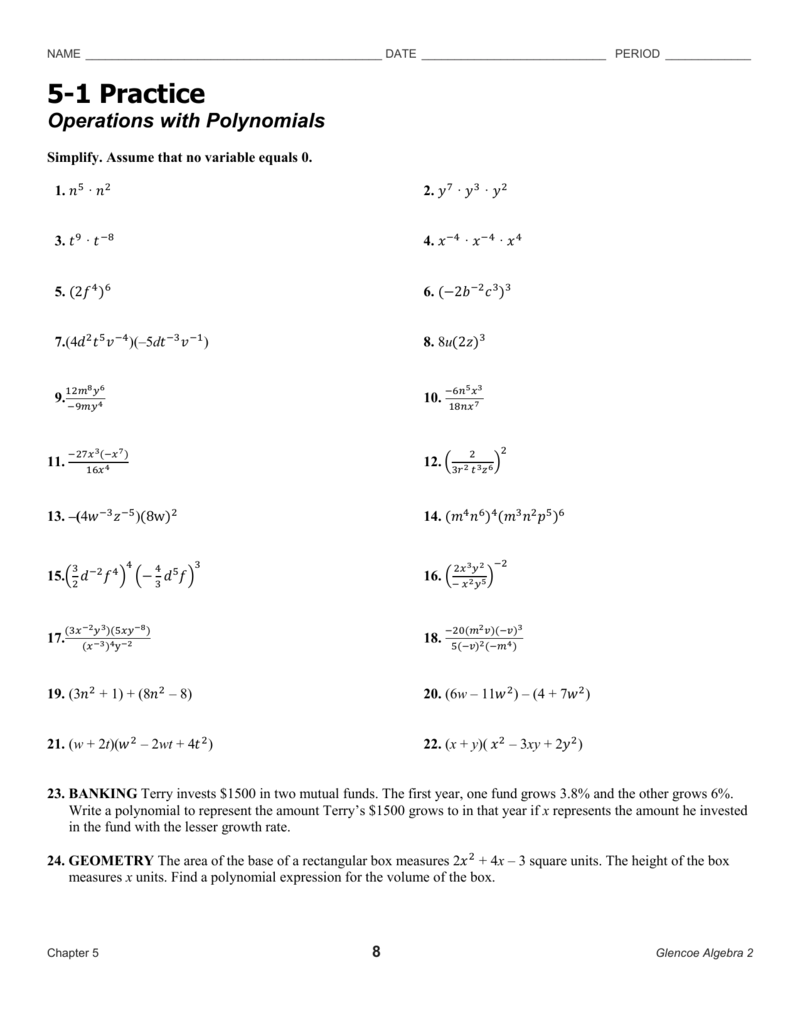 Polynomial Operations Worksheet Algebra 2 Practice