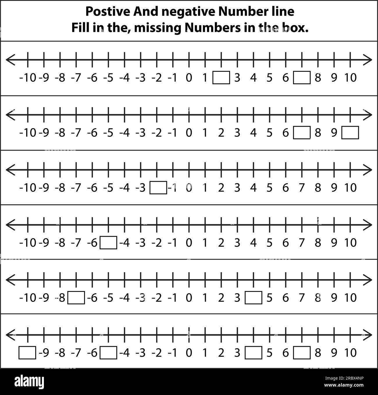 Positive And Negative Number Line 1 To 10 And 10 Missing Numbers Fill In The Box Math On White Background Vector Graphic Illustration Stock Vector Image Art Alamy