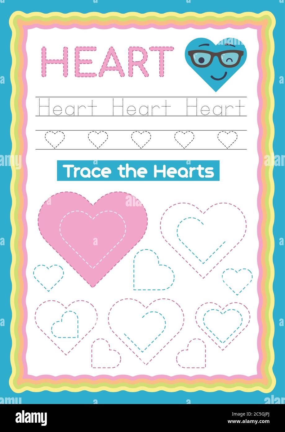 Preschool Colorful Heart Shape Tracing And Writing Daily Printable A4 Practice Worksheet Vector Illustration Exercise For Kids Stock Vector Image Art Alamy