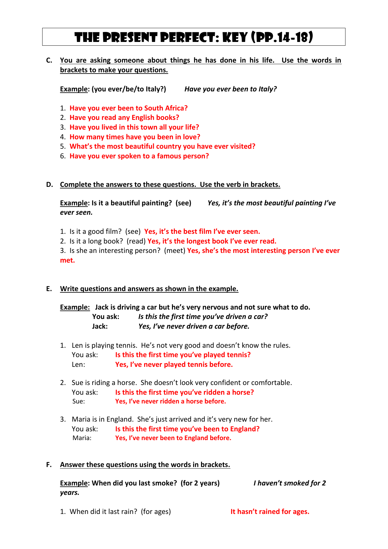 Present Perfect Tense Worksheet Key Present Perfect Tense Worksheet Key