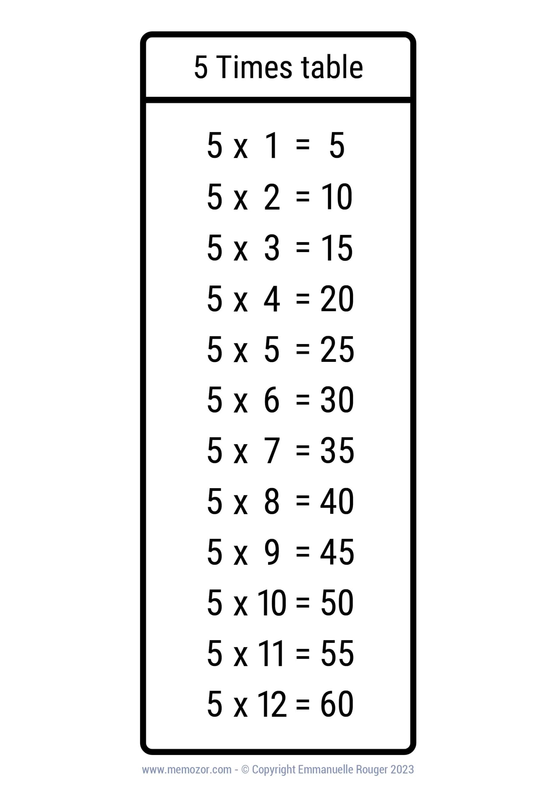 Pretty 5 Times Table Chart Print For Free Many Colors Memozor