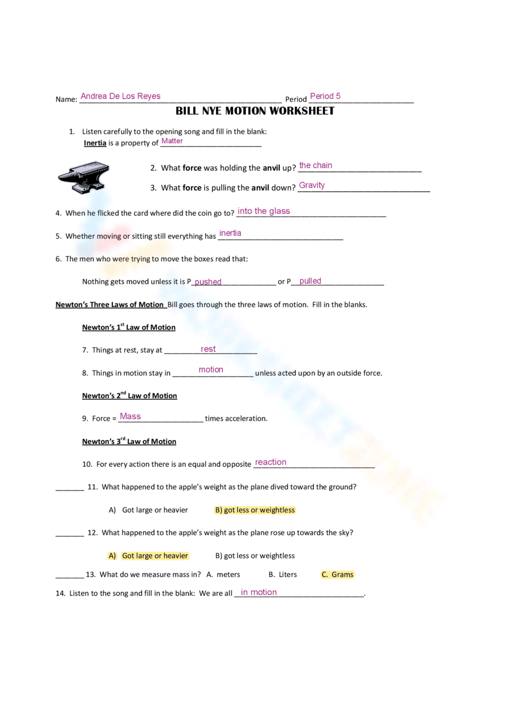 Grade 5 Bill Nye Motion Worksheets