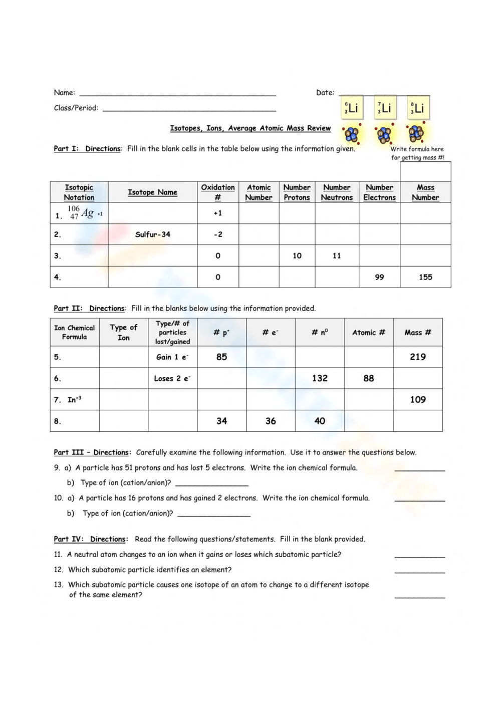 Printable Grade 9 Atoms Isotopes And Ions Worksheets Printable Grade 9 Atoms Isotopes And Ions Worksheets