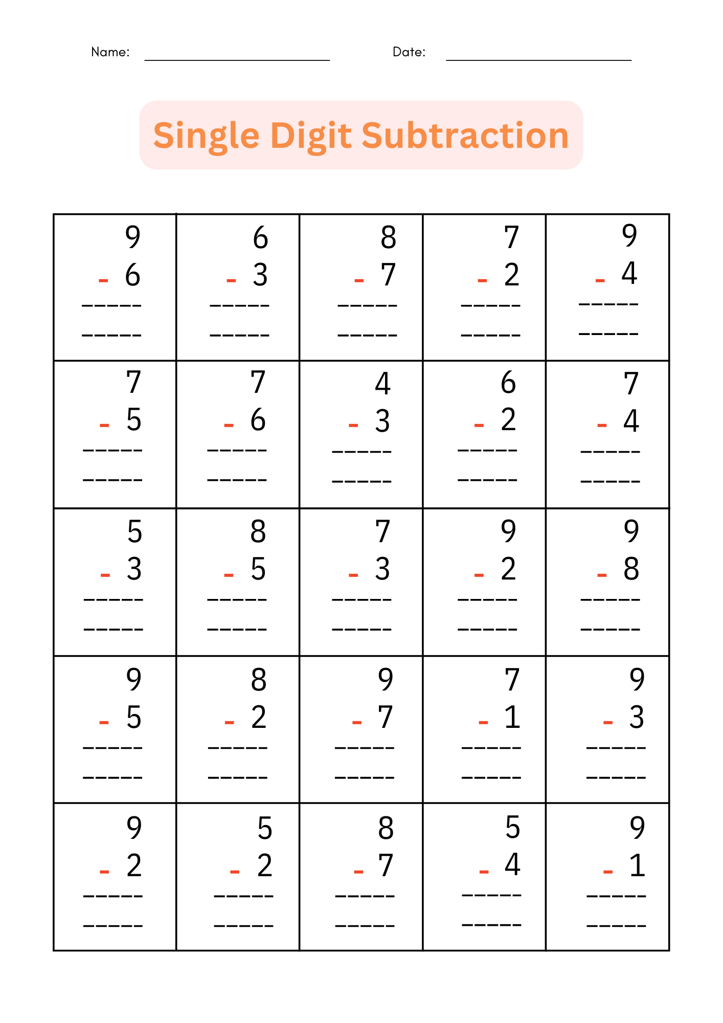 Single Digit Subtraction Worksheets K12 Math Worksheets