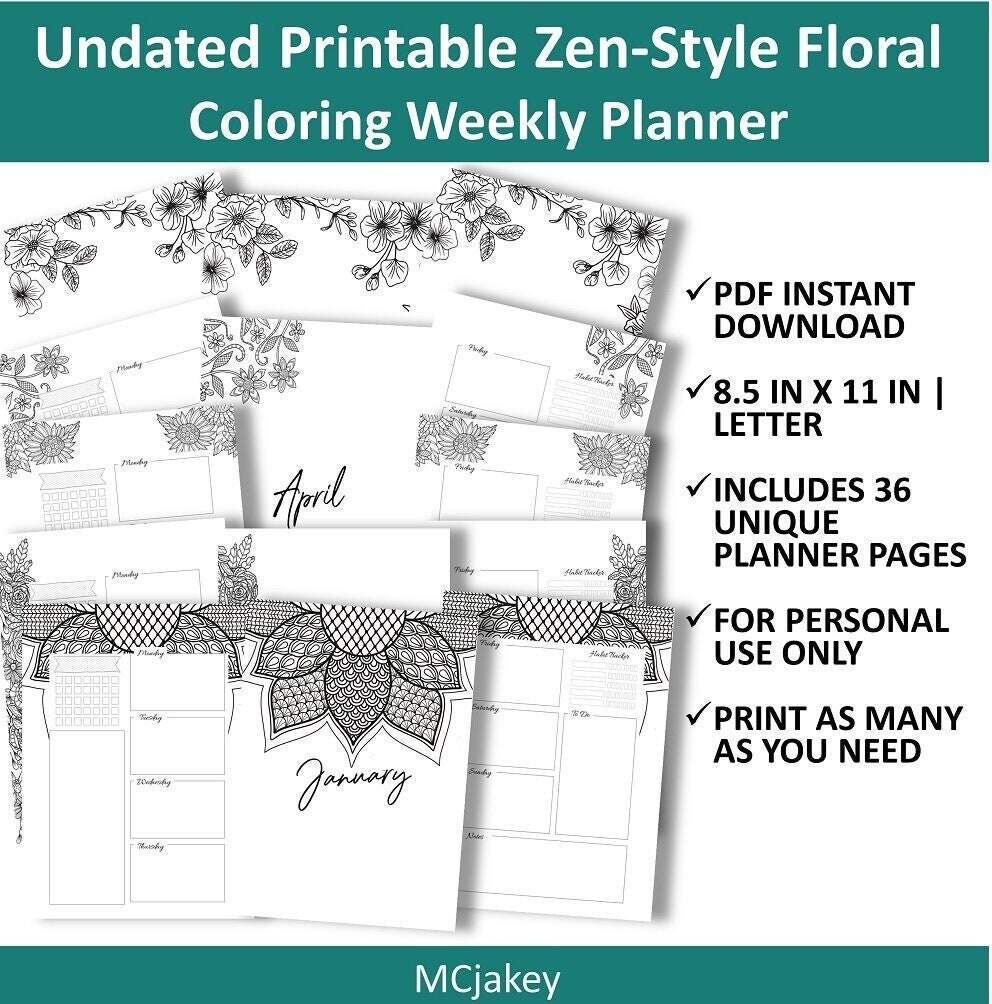Printable Zen Floral Coloring Weekly Planner Undated PDF Download Etsy