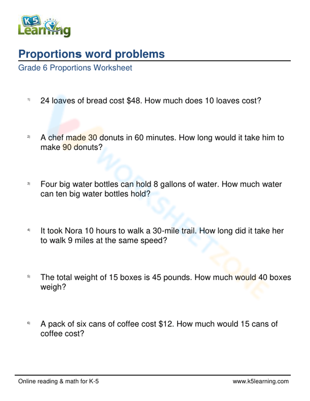 Proportions Word Problems 2 Worksheet