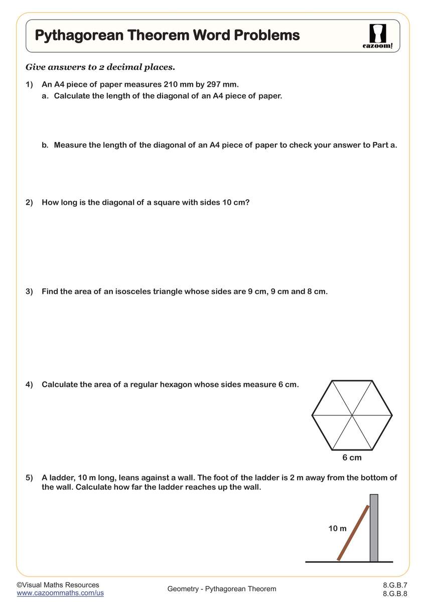 Pythagorean Theorem Word Problems Worksheet PDF Printable Geometry Worksheet Cazoom Math