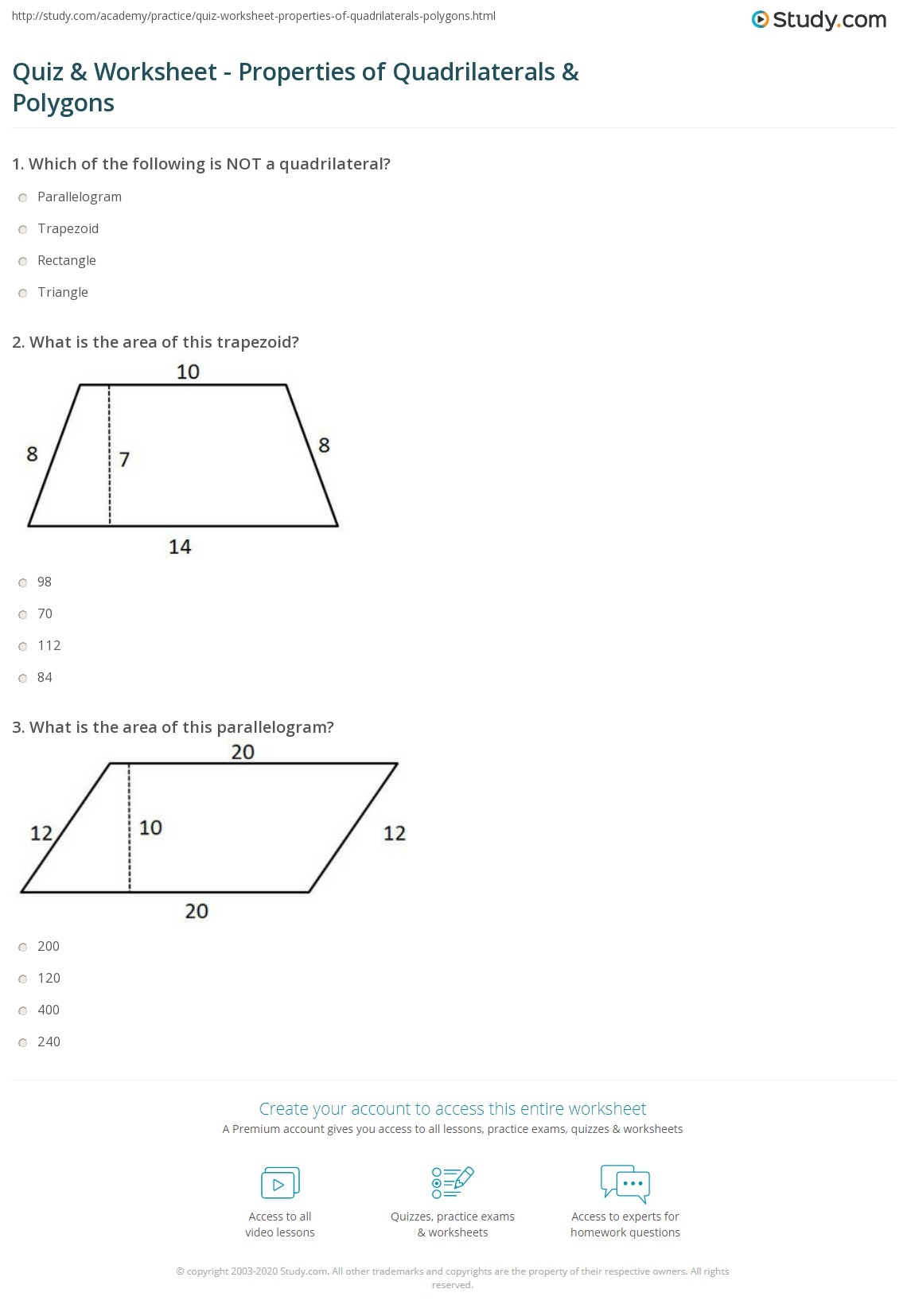 Quiz Worksheet Properties Of Quadrilaterals Polygons Study