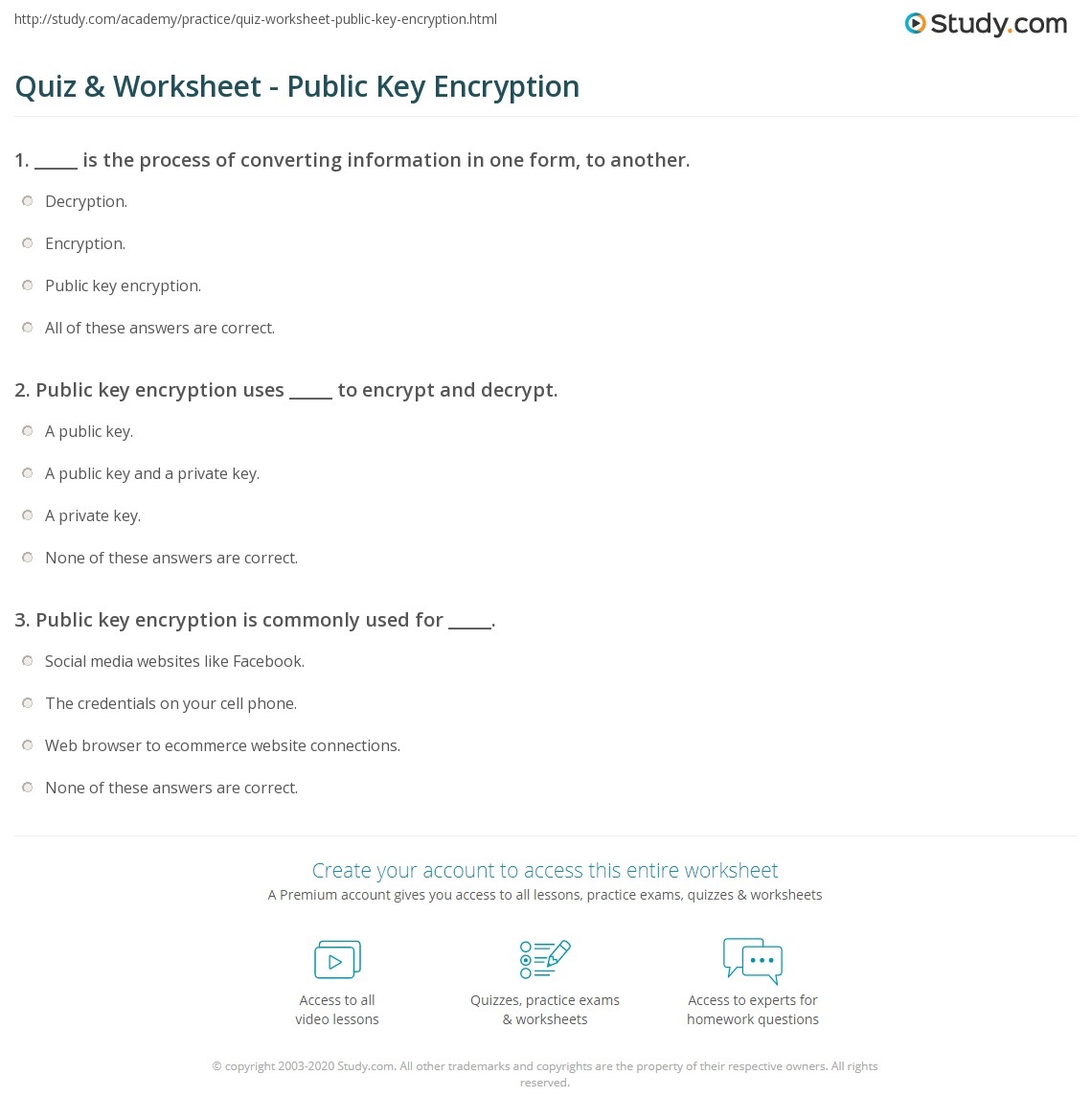 Quiz Worksheet Public Key Encryption Study