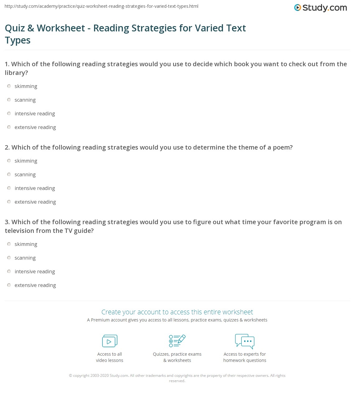 Quiz Worksheet Reading Strategies For Varied Text Types Study