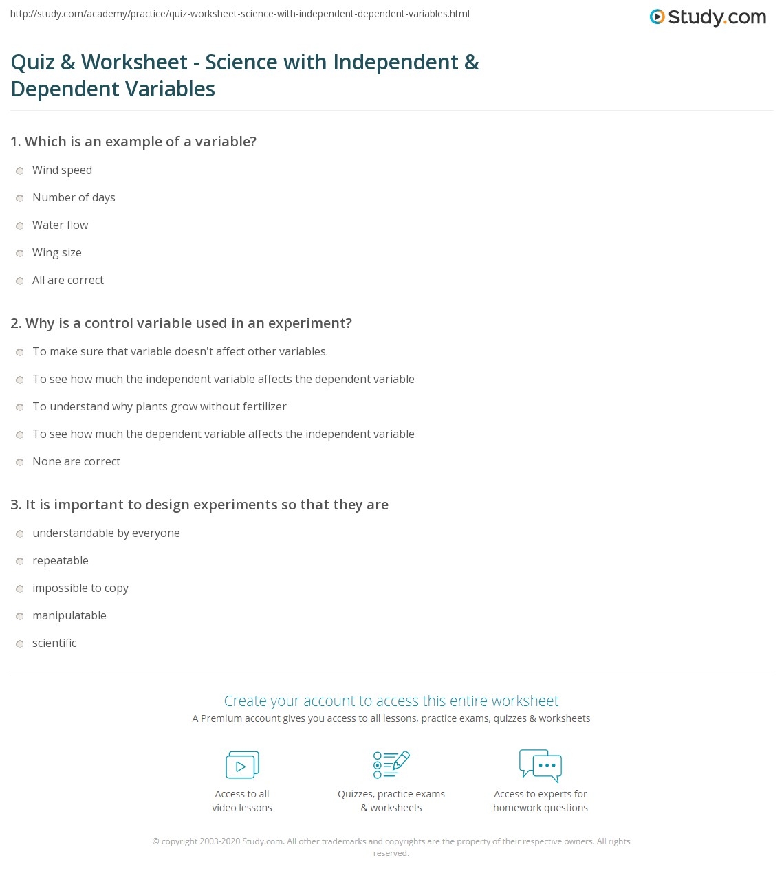 Quiz Worksheet Science With Independent Dependent Variables Study