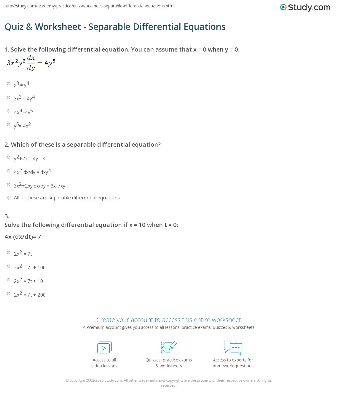 Quiz Worksheet Separable Differential Equations Study