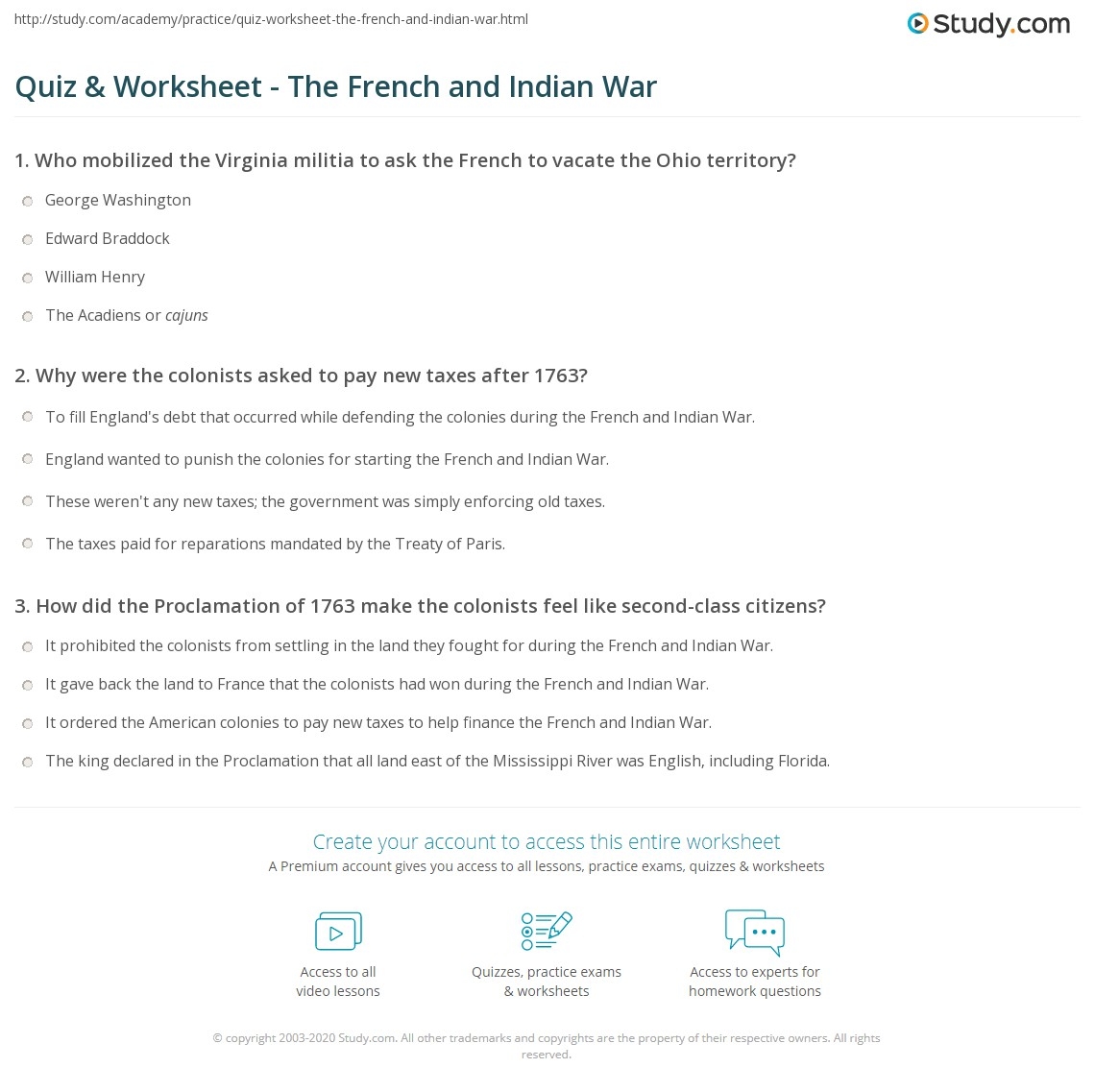 Quiz Worksheet The French And Indian War Study