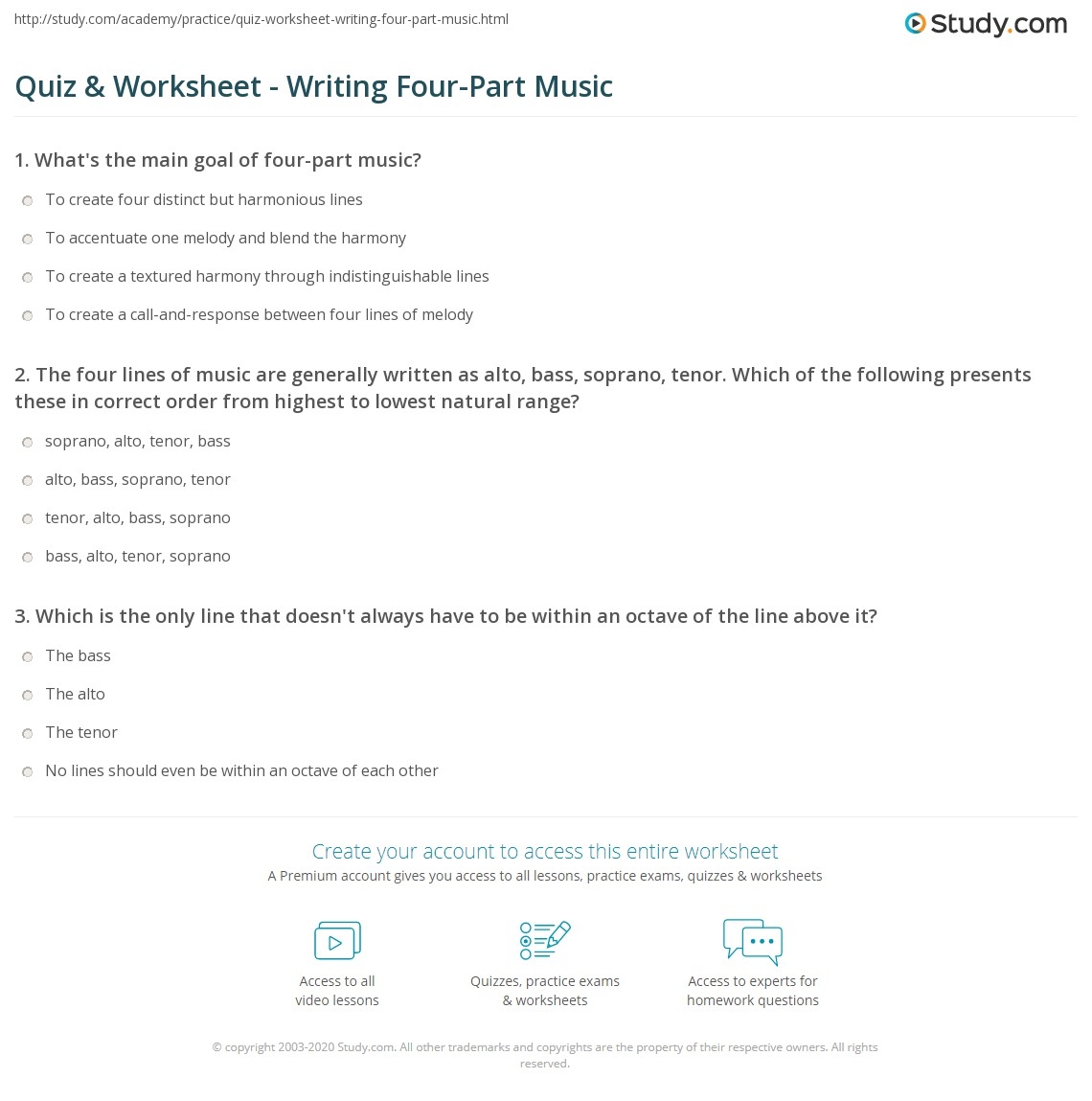 Quiz Worksheet Writing Four Part Music Study