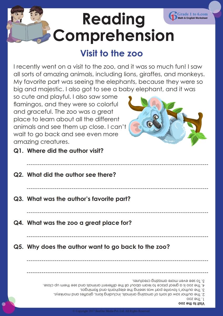 Reading Comprehension Worksheet For Grade 1 Grade1to6