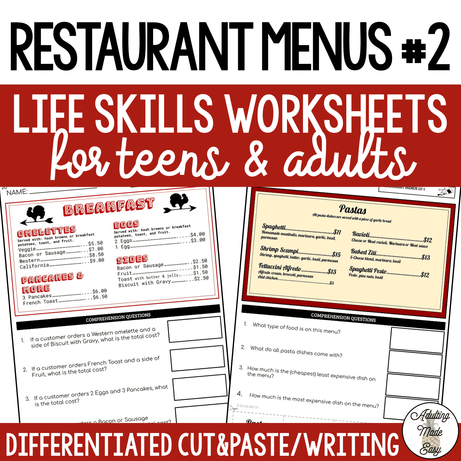 Money Math Life Skills Worksheet Level 1 Reading Menus Made By Teachers