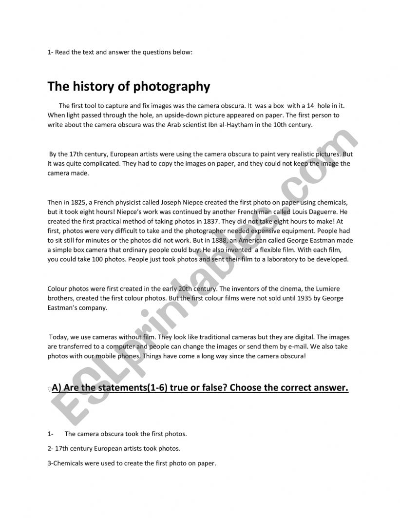 Reading The History Of Photography ESL Worksheet By 770651968