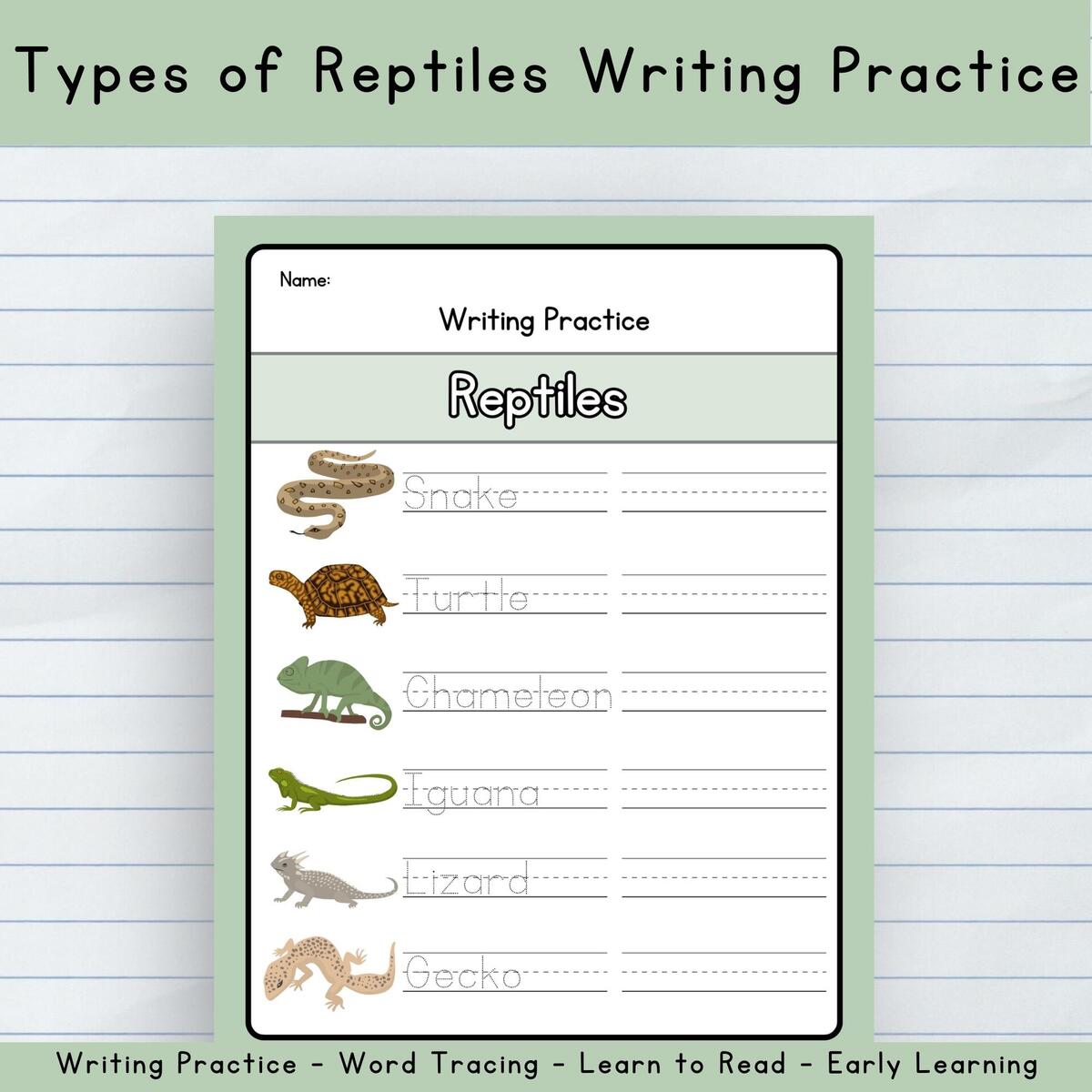 Reptile Tracing Worksheet Animal Handwriting Practice Learn To Write Reptile Names Preschool Kindergarten Writing Activity Etsy