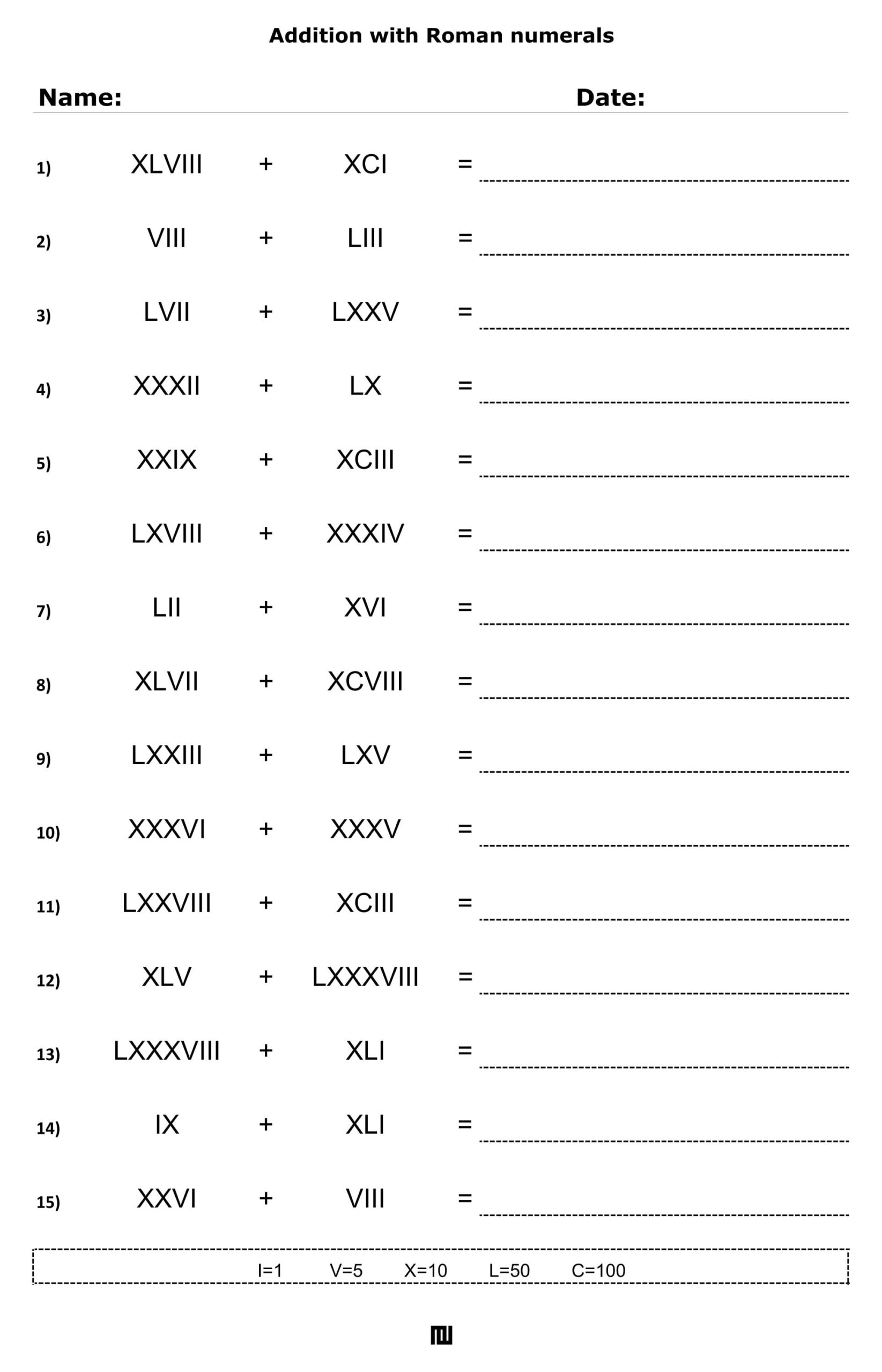 Roman Numerals Addition Worksheets Math Exercises Digital Download Etsy