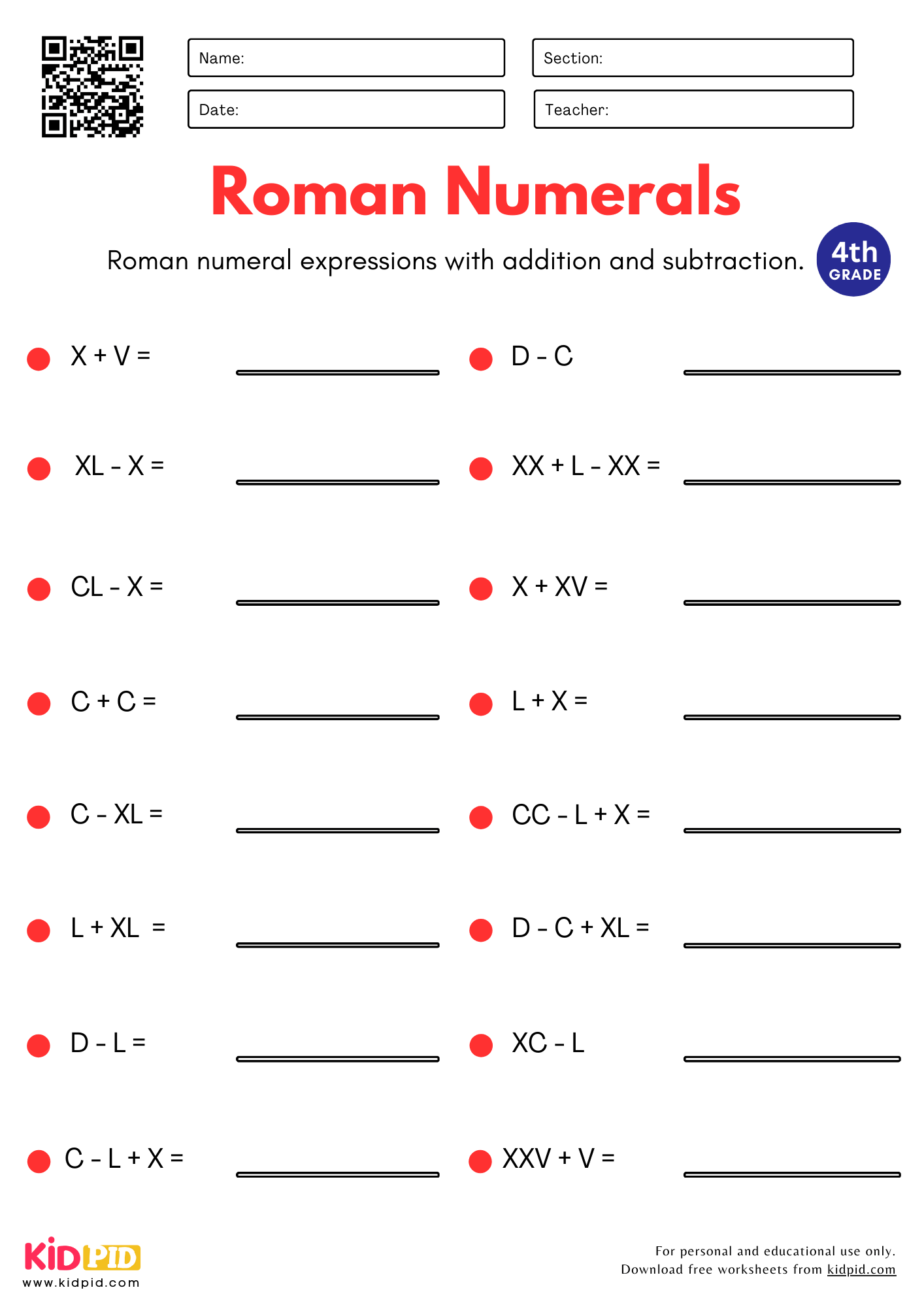 Roman Numerals By Addition And Subtraction Worksheets For Grade 4 Kidpid