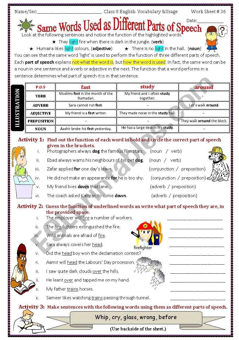 Same Words Used As Different Parts Of Speech ESL Worksheet By Jasmine Khan English Unite Parts Of Speech Worksheet