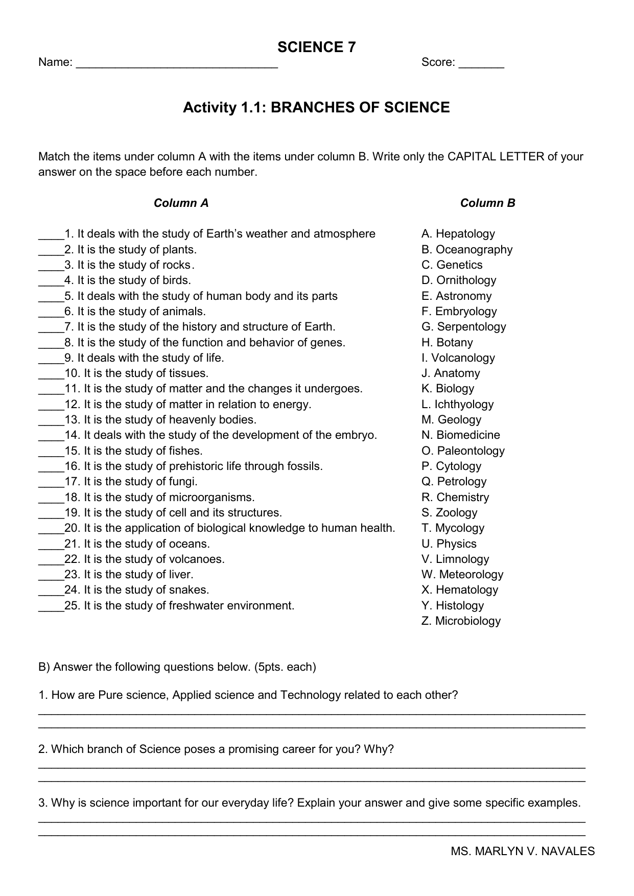 Science Branches Worksheet Middle School Activity Free Branches Of Science Worksheet Download Free Branches Of Science Worksheet Png Images Free Worksheets On Clipart Library