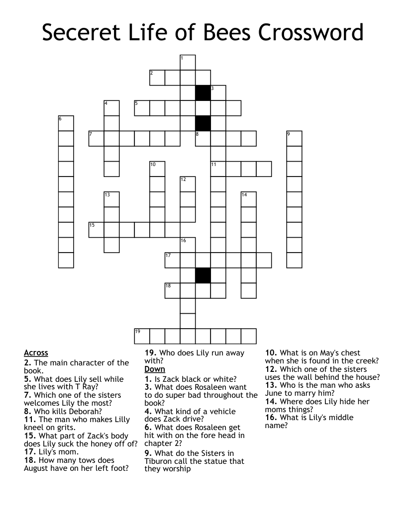 Seceret Life Of Bees Crossword WordMint Seceret Life Of Bees Crossword WordMint