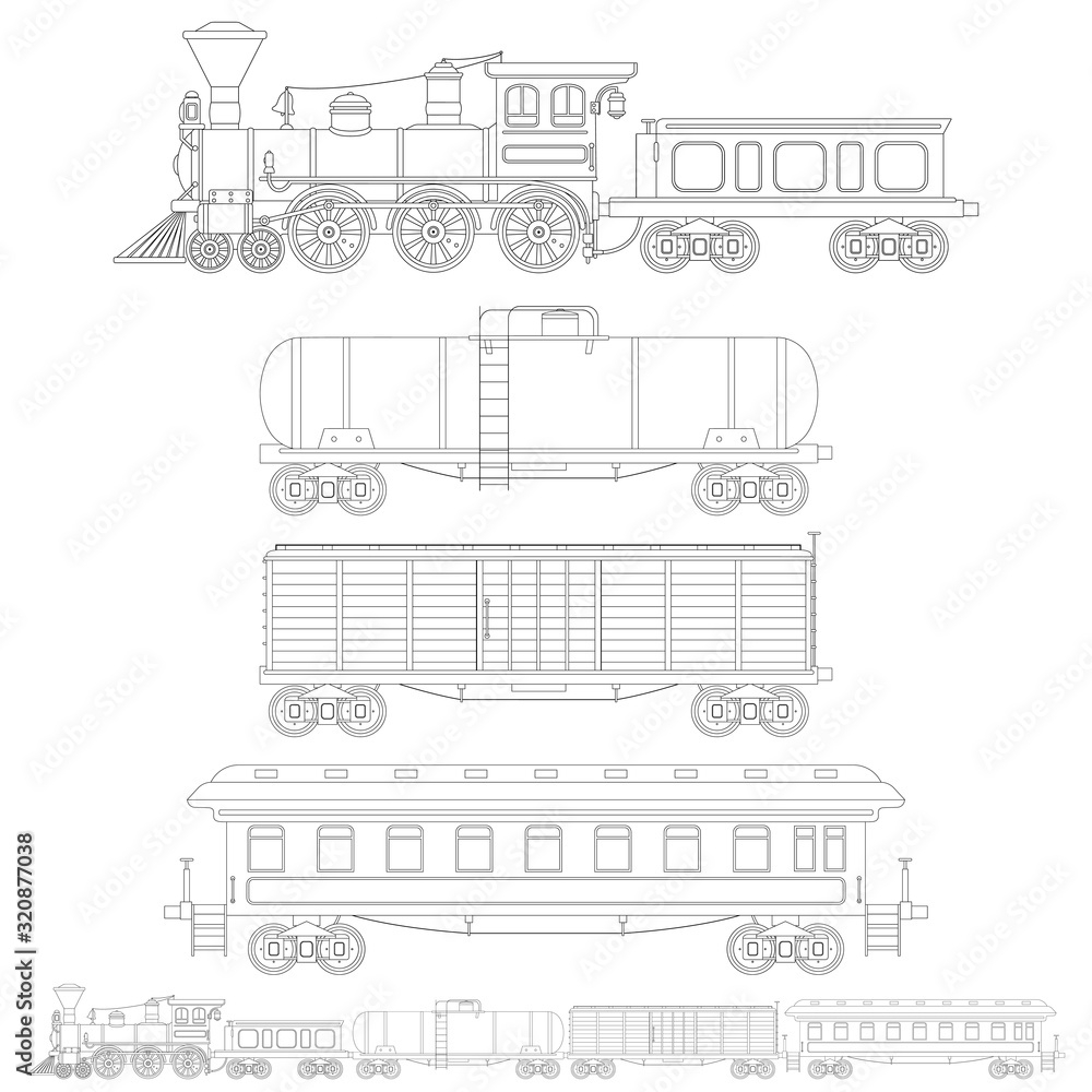 Set Of Outline Vintage Train In Retro Style Istern Car Container And Passenger Waggons Coloring Page Stock Vector Adobe Stock
