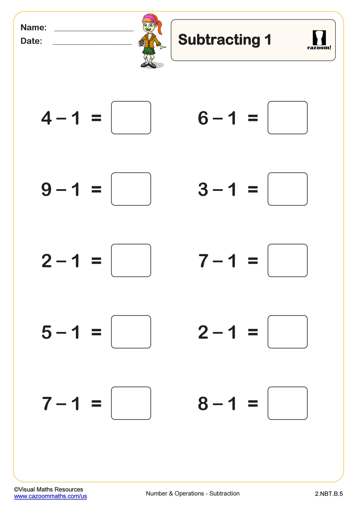 Single Digit Subtraction Worksheets Printable PDF Math Worksheets Cazoom Math