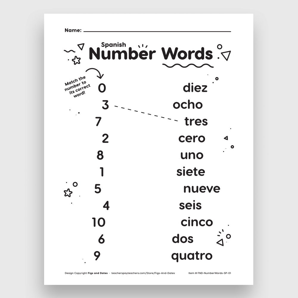 Spanish Number Words Matching Printable Worksheet Grades Prek And Up Etsy