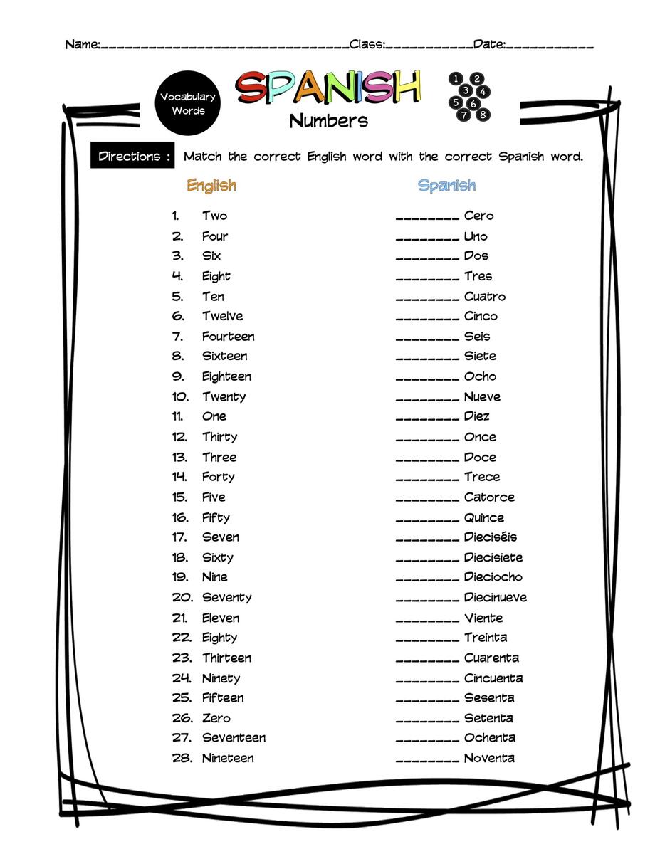 Spanish Numbers Vocabulary Matching Worksheet Answer Key Made By Teachers