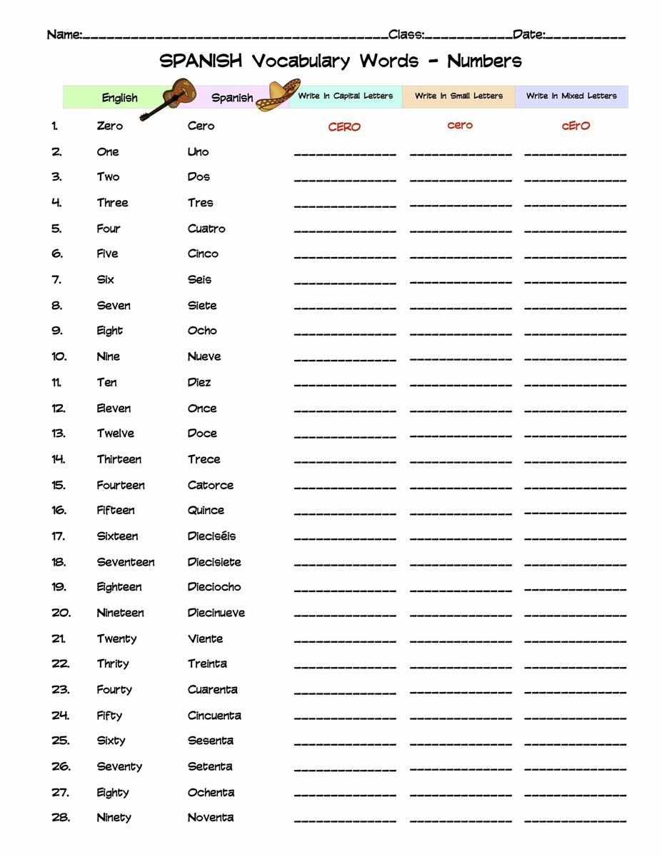 Spanish Numbers Vocabulary Word List Column Worksheet Made By Teachers