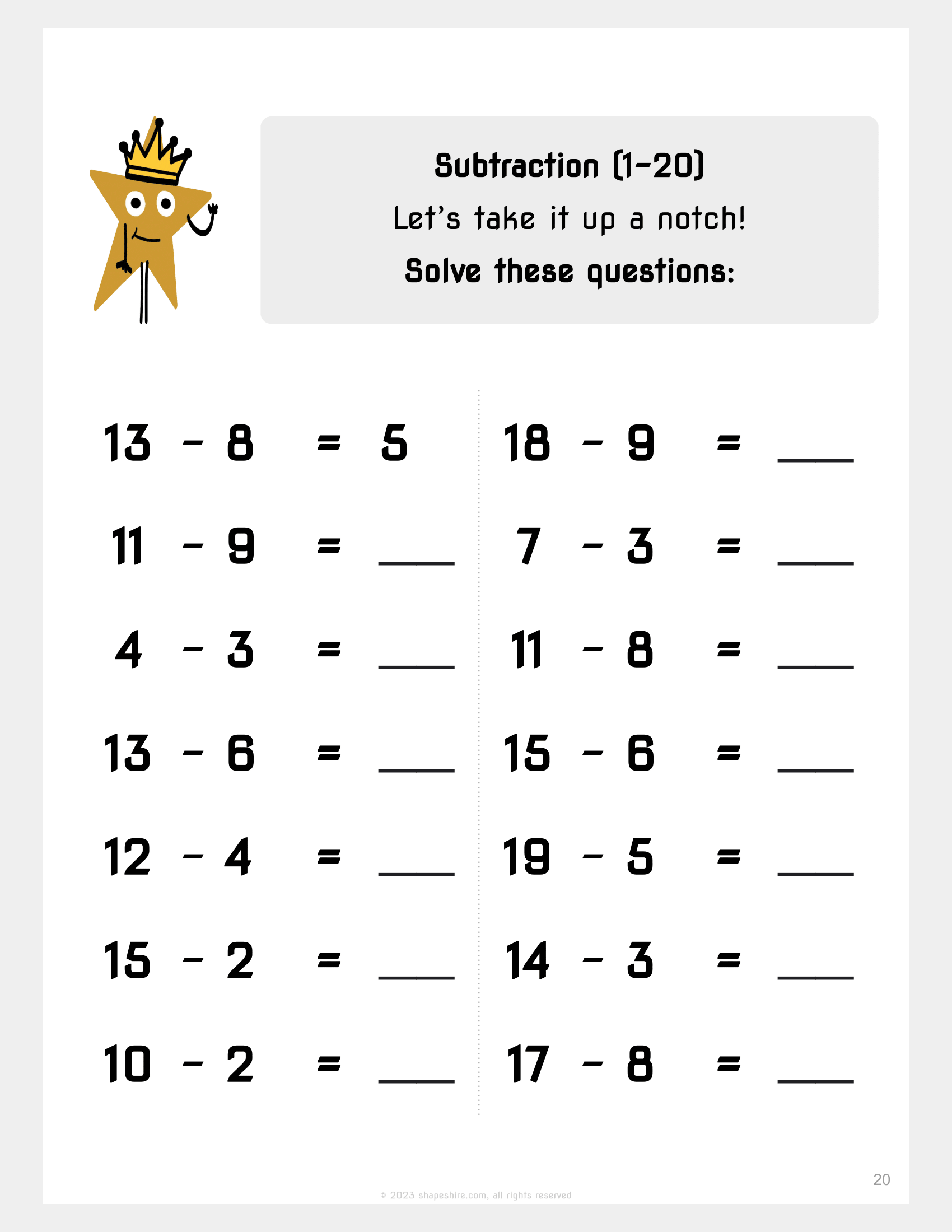 Starting Point Worksheet 03 Subtraction 1 20 ShapeShire