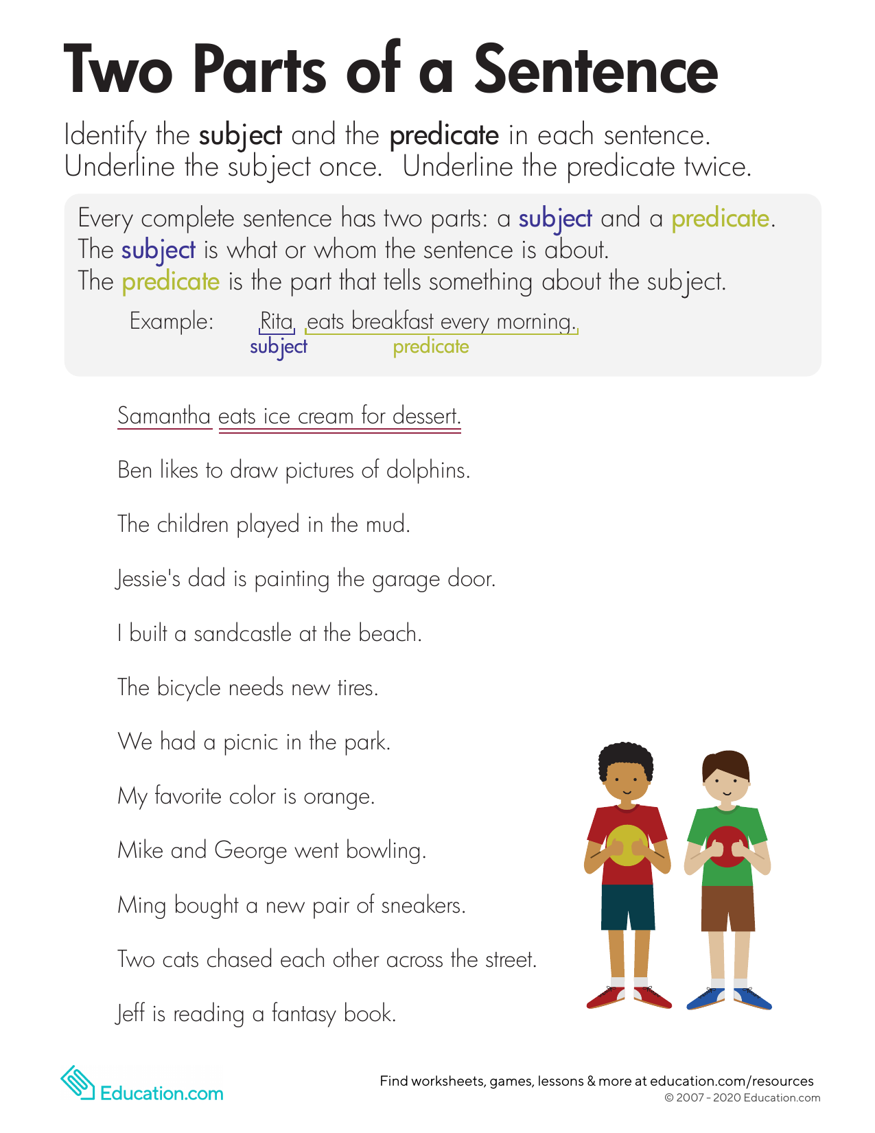 Parts Of A Sentence Worksheet