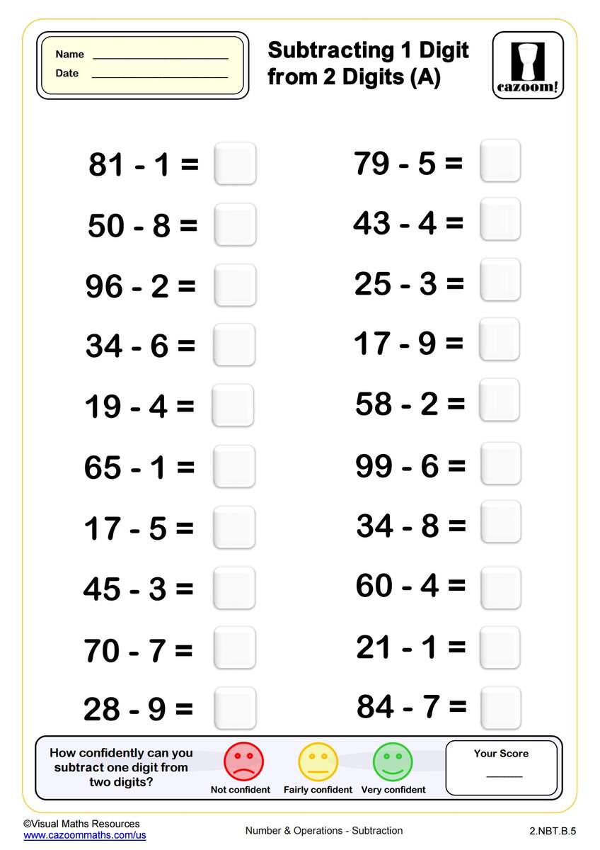 Subtracting 1 Digit From 2 Digits A 2nd Grade PDF Number And Operations Worksheets Cazoom Math 1st Grade Subtraction Worksheets
