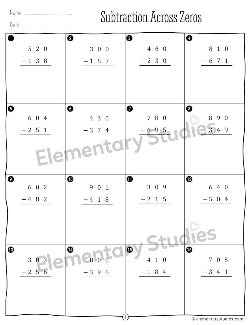 Subtracting Across Zeros With 3 Digit Numbers Elementary Studies