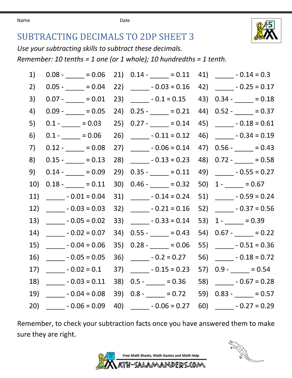 Subtracting Decimals Worksheet