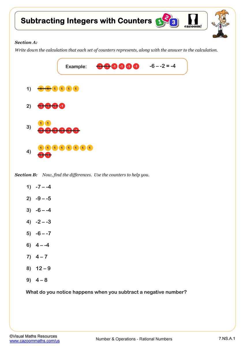 Subtracting Integers With Counters Worksheet Fun And Engaging 7th Grade PDF Worksheets Cazoom Math