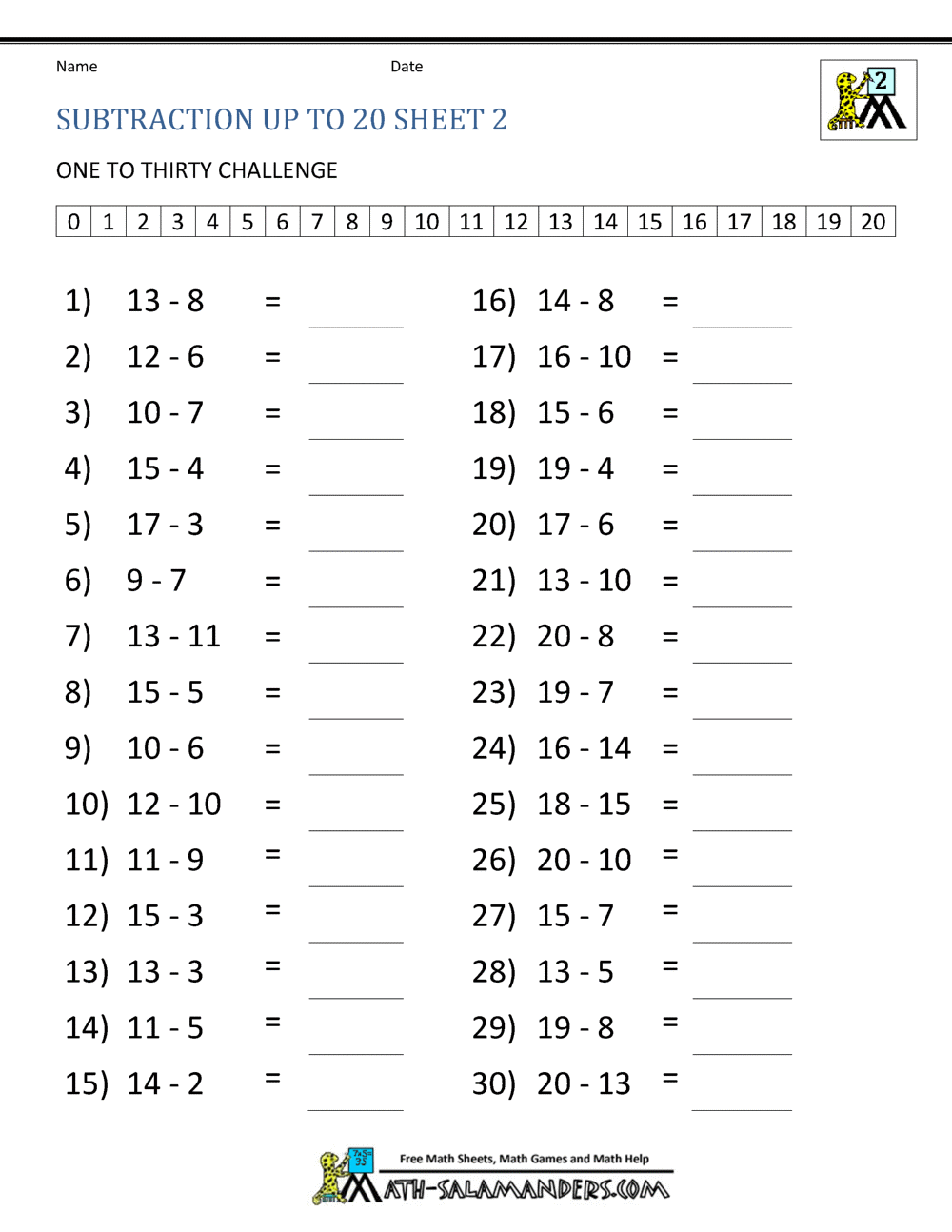 Subtraction Math Worksheet Numbers 1 To 20 Royalty Free Vector VectorStock