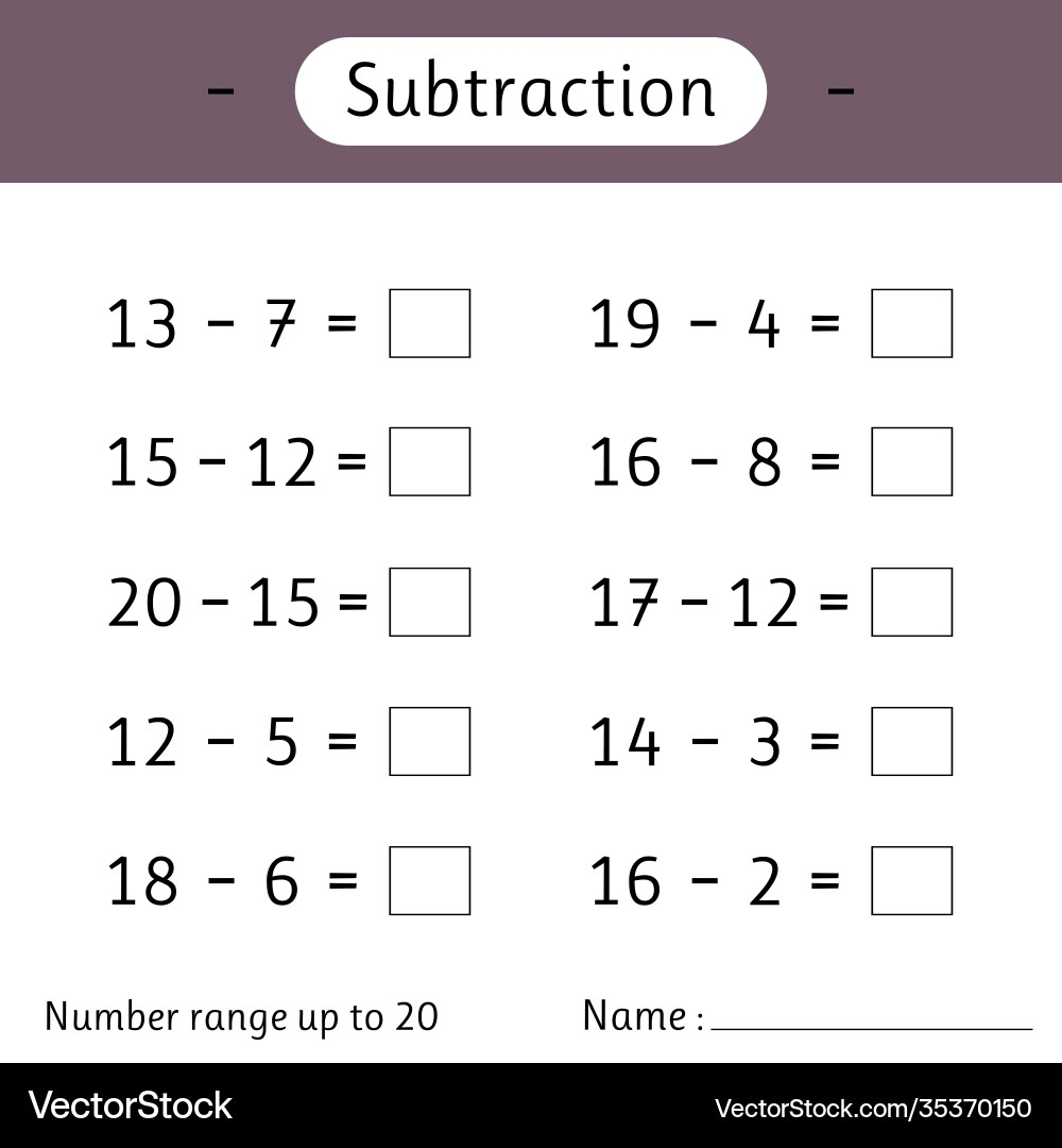Subtraction Math Worksheet Numbers 1 To 20 Royalty Free Vector VectorStock