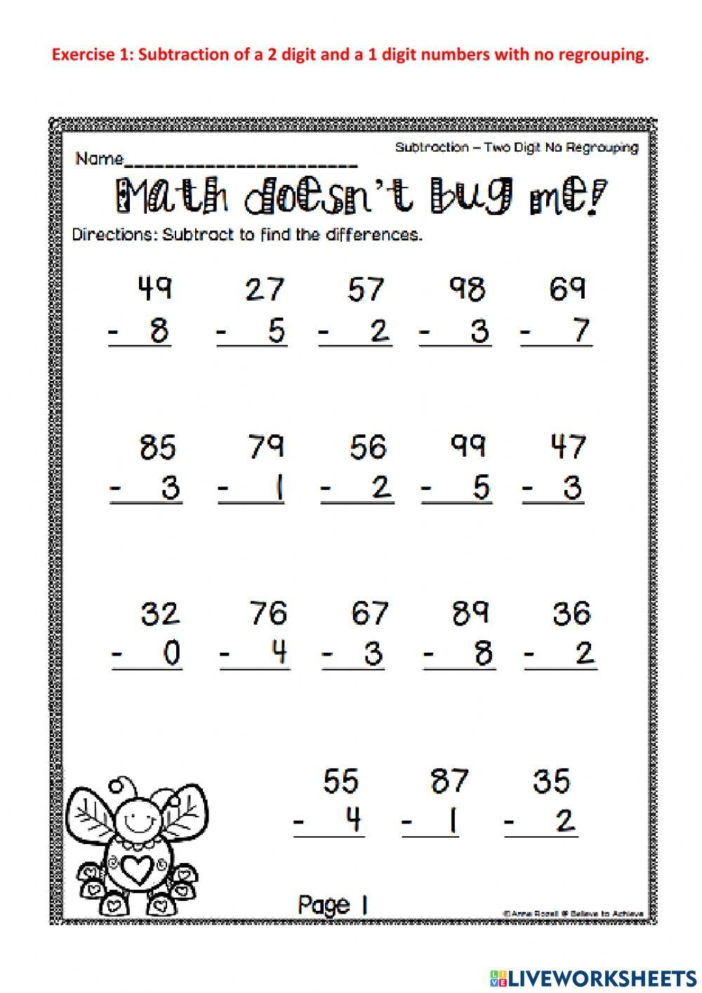 Subtraction Of 2 Digits And 1 Digit Numbers With No Regrouping Worksheets Library Subtraction Of 2 Digits And 1 Digit Numbers With No Regrouping Worksheets Library
