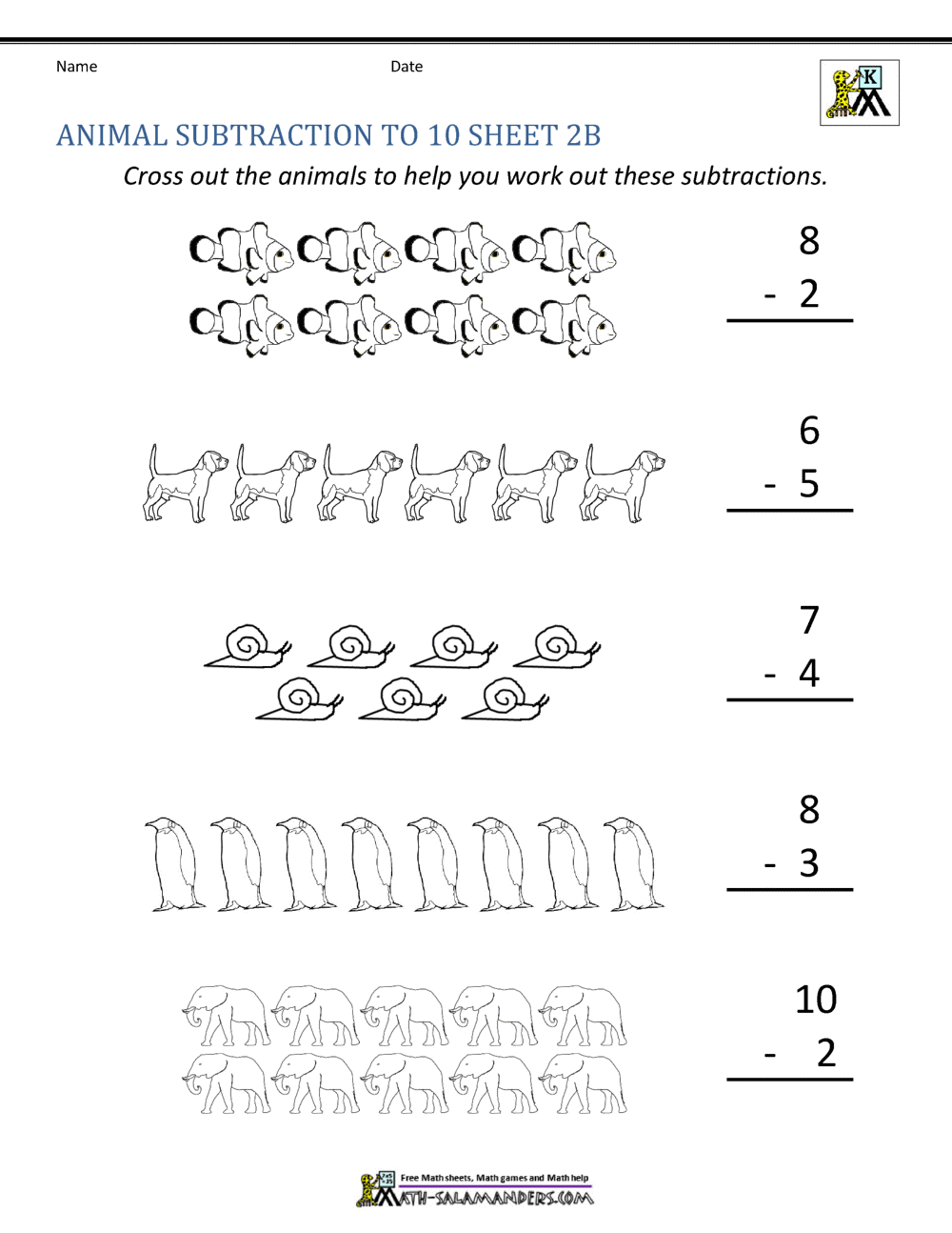 Subtraction To 10 Worksheets