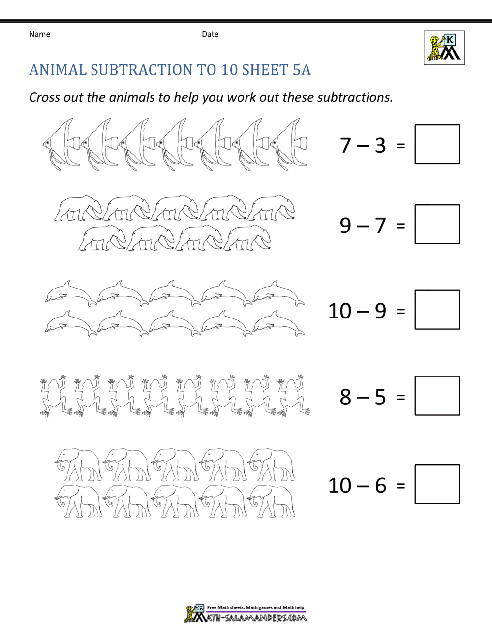 Subtraction To 10 Worksheets