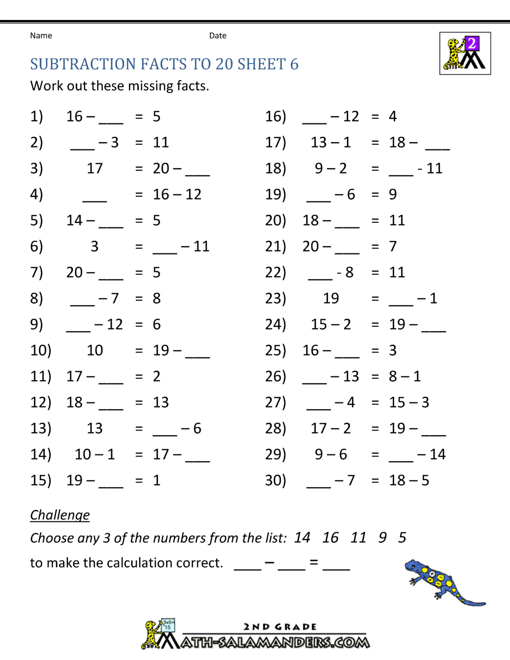 Subtraction To 20 Subtraction To 20