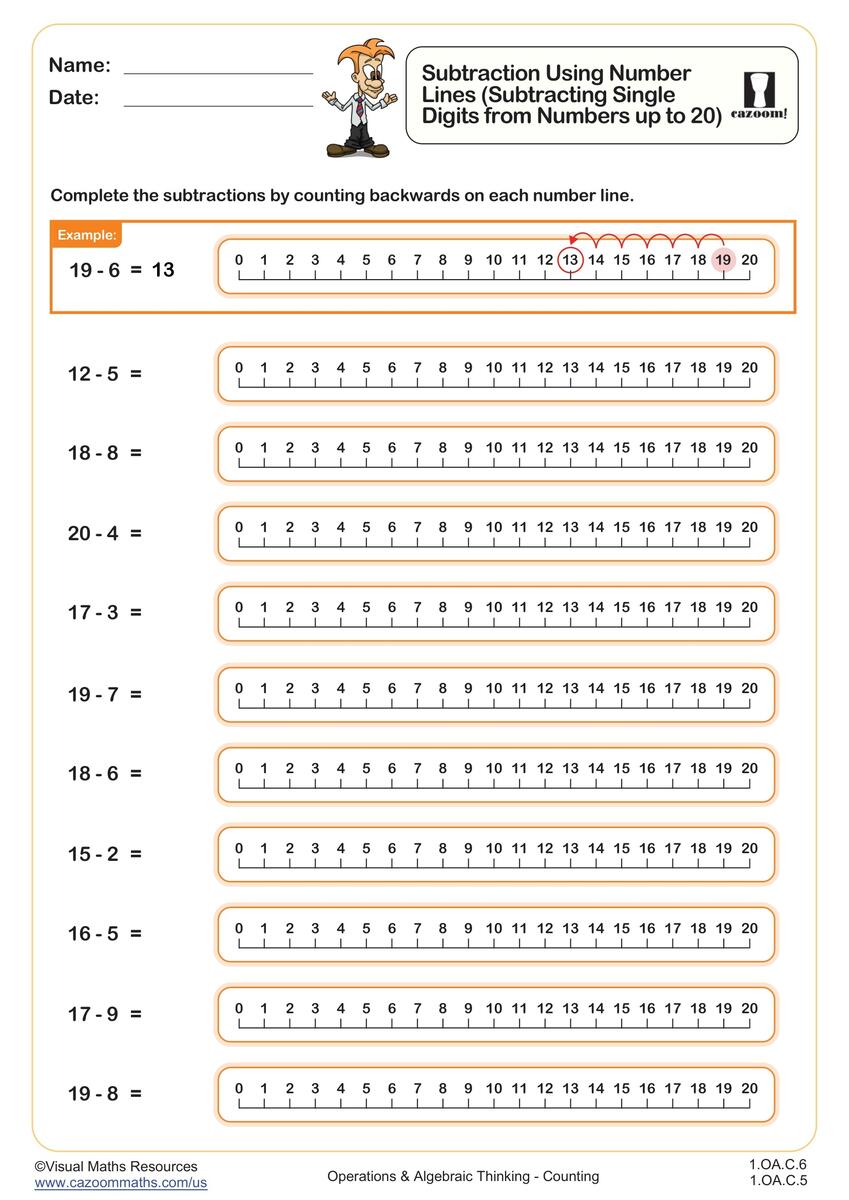 Subtraction Using Number Lines Subtracting Single Digits From Numbers Up To 20 Worksheet Fun And Engaging 1st Grade Operations Algebraic Thinking Worksheet Cazoom Math
