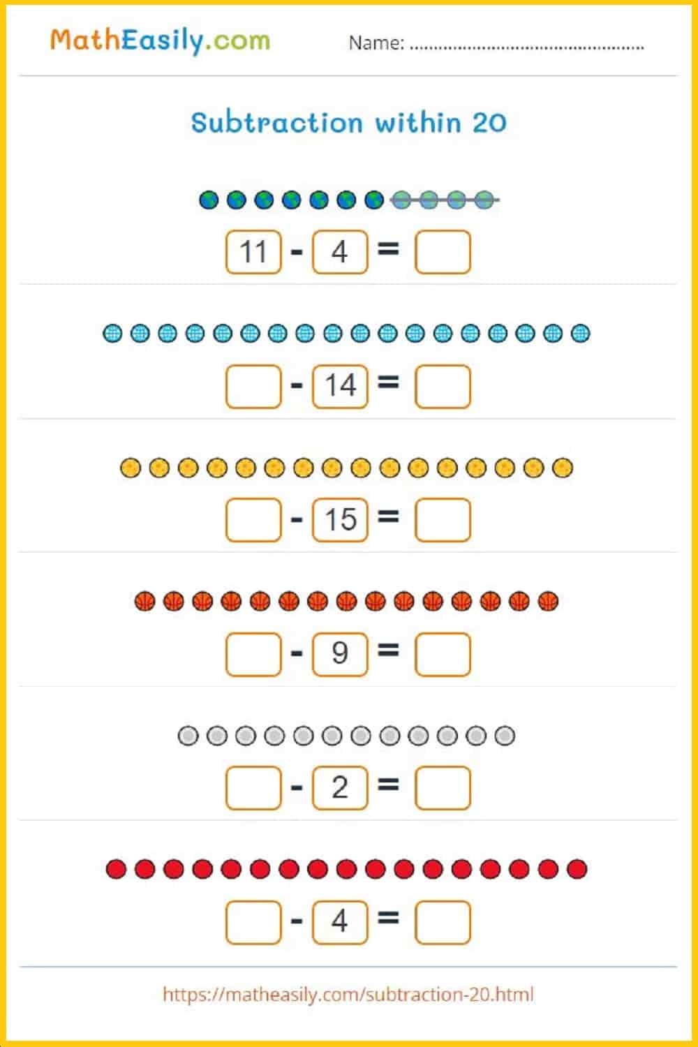Subtraction Within 20 Games Worksheets With Pictures