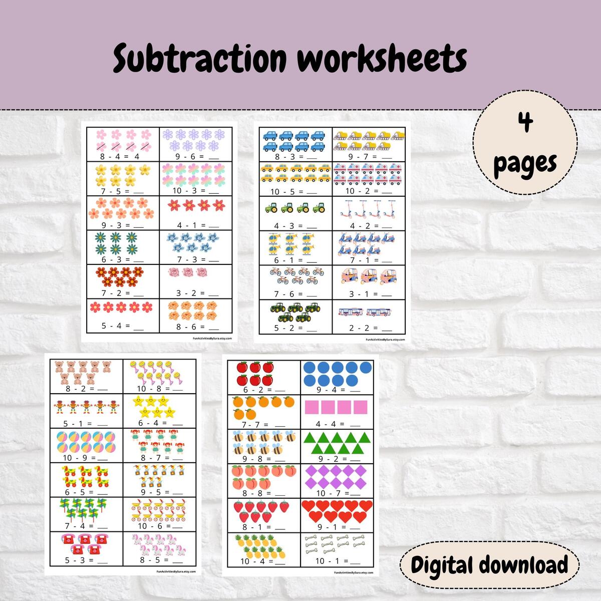 Subtraction Worksheets EYFS Maths Activity digital Download Etsy